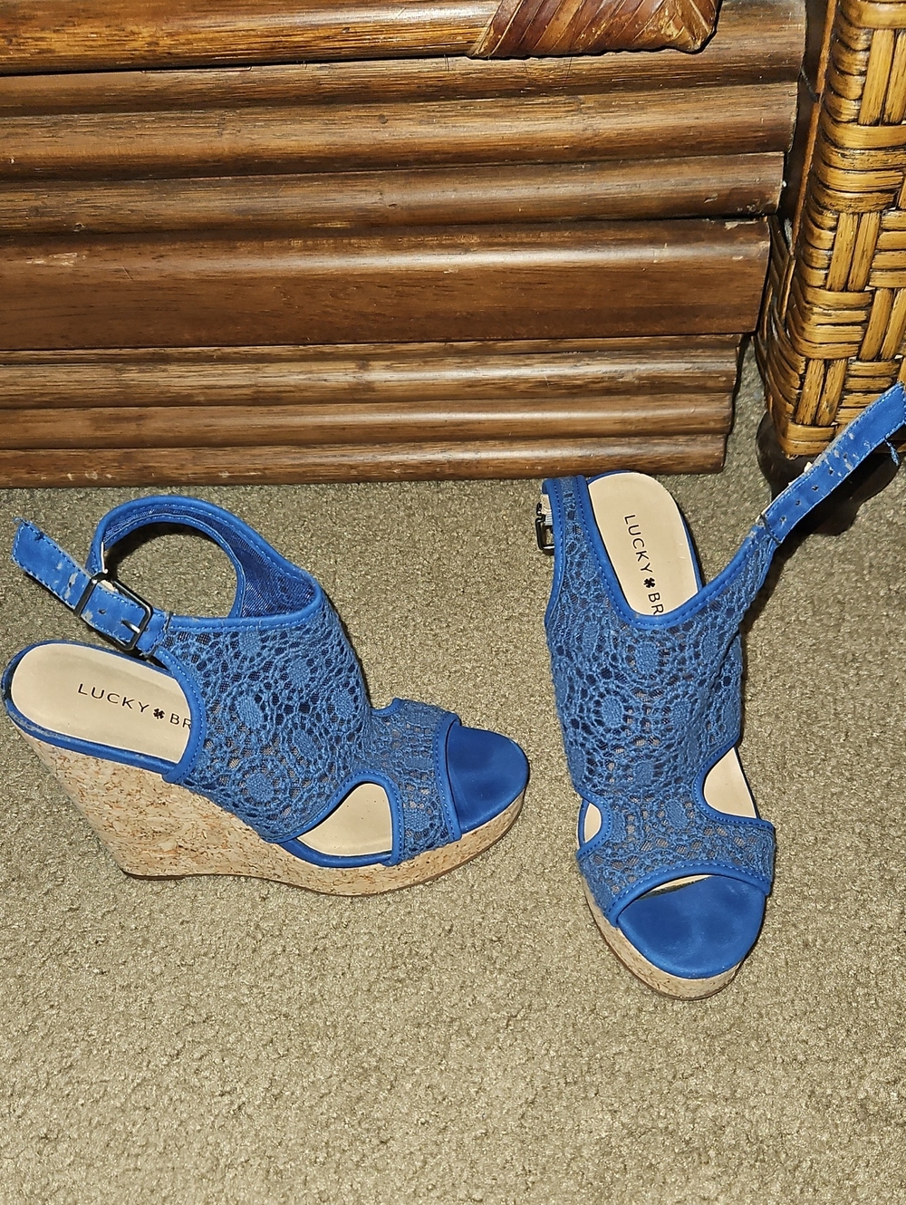 Lucky Brand Royal Blue Crochet Cork Wedge Sandals Size 6